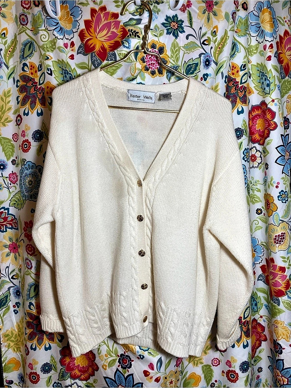 Vintage Baxter Wells Cable Knit Cardigan in White Size Petite L